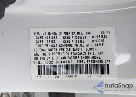 2017 Honda Accord Ex from USA, damaged, VIN 1HGCR2F05HA081543